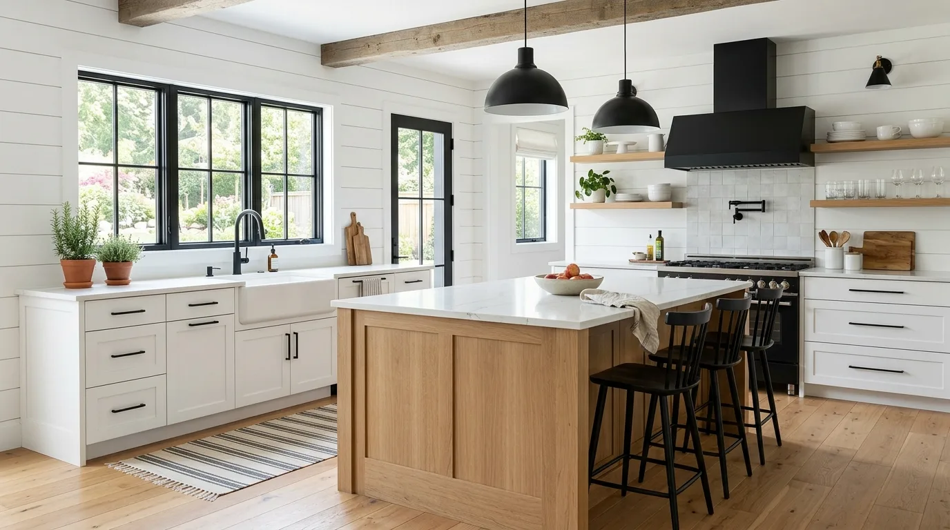 Use pendant lighting with natural texture inspiration for a warm white and white oak kitchen.